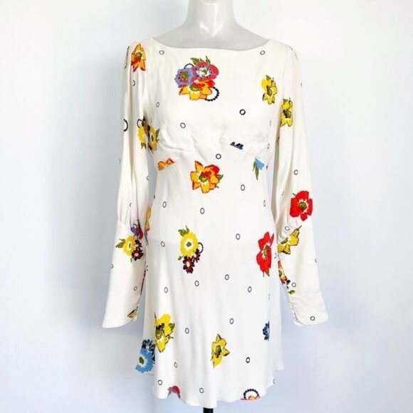 Free People Ivory Floral Sunshadows boat neck Mini Dress size 0 - Picture 2 of 10